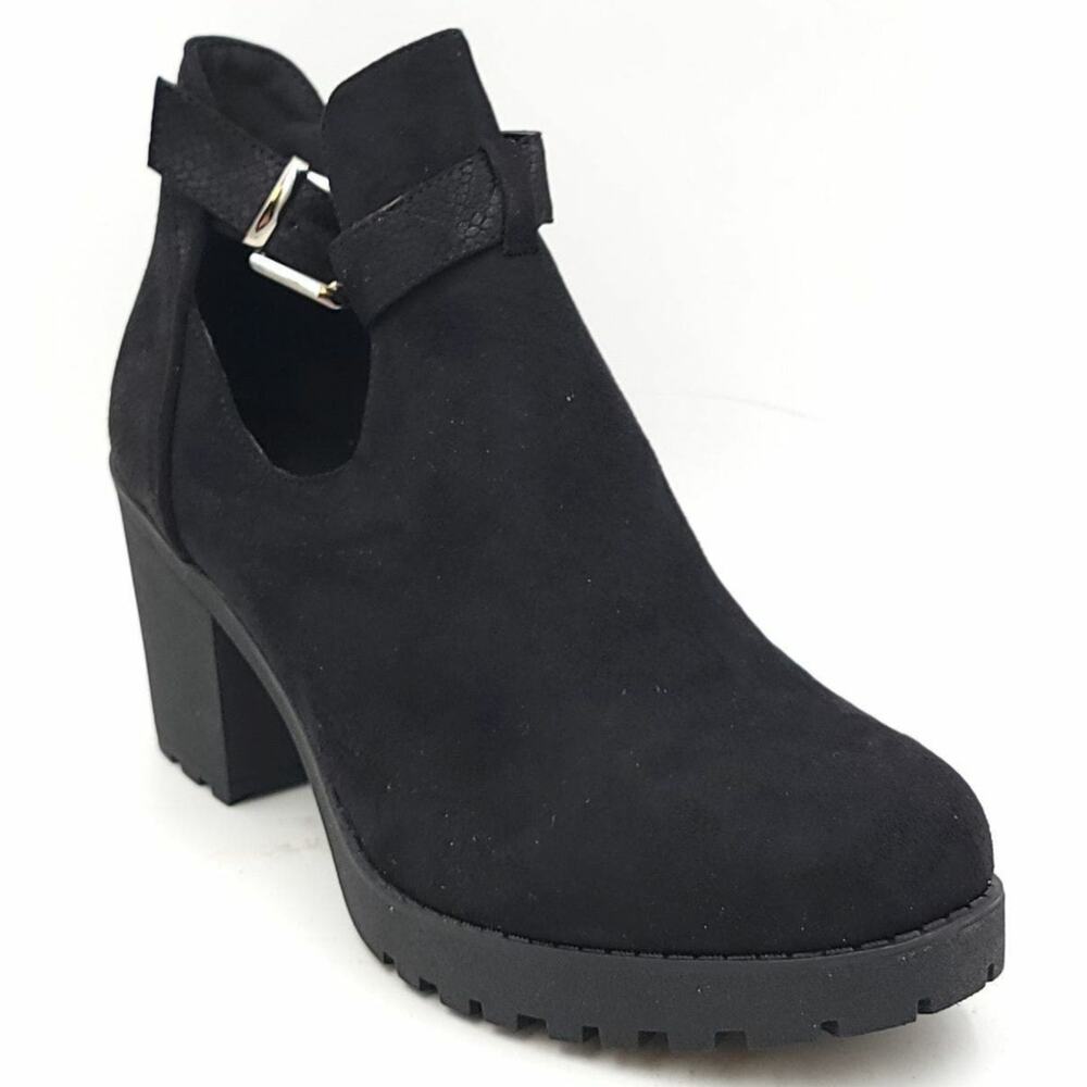 Ideal Shoes Women Block Heel Ankle Booties Size US 9.5 Black Faux Suede